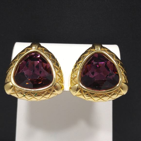 Vintage Swarovski Purple Crystal Earrings, Gold Plated, Swan Logo - Picture 3 of 10